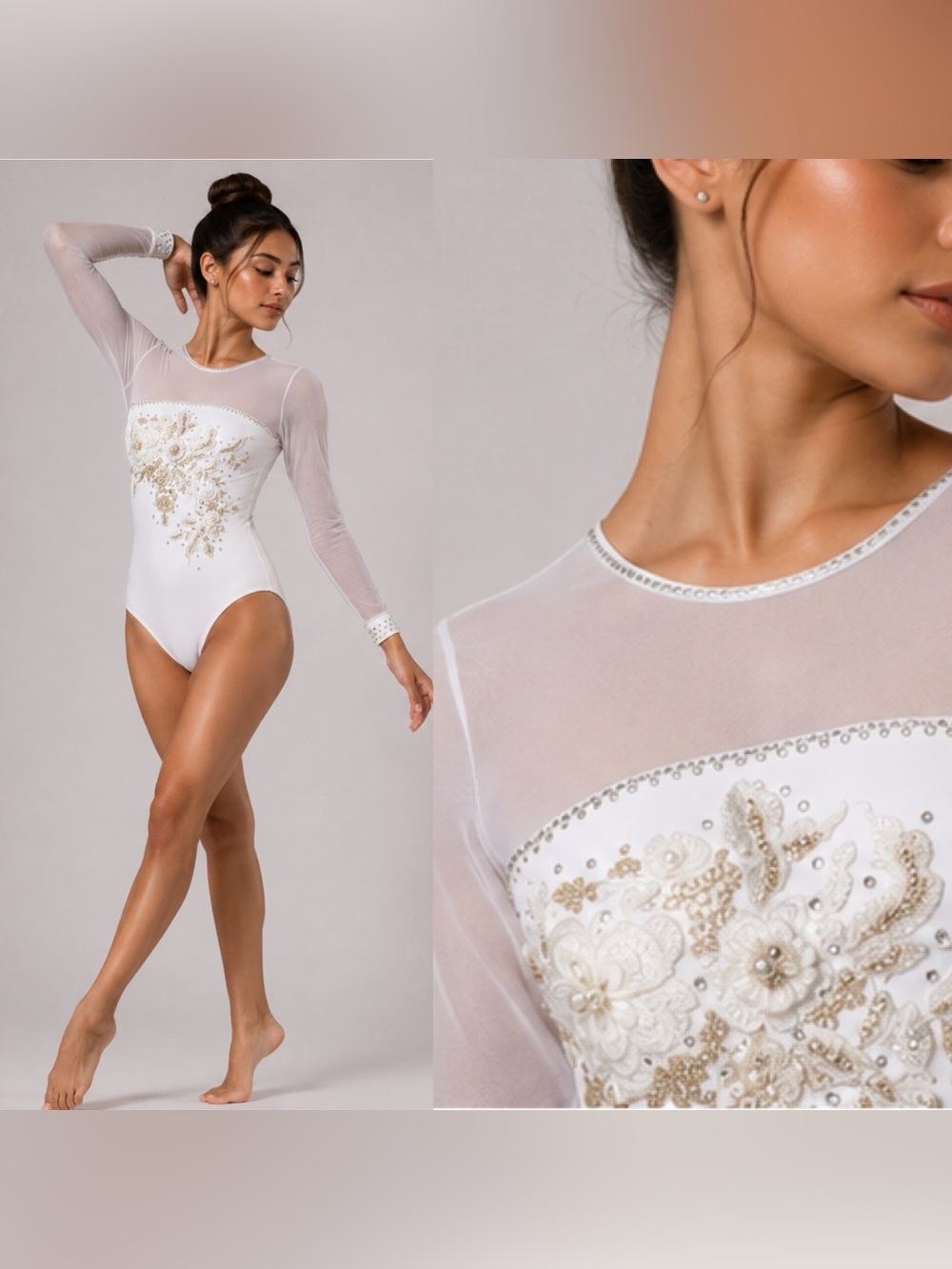 Competition Solo Costume Nude Illusion long sleeve White Dance costume SA adult